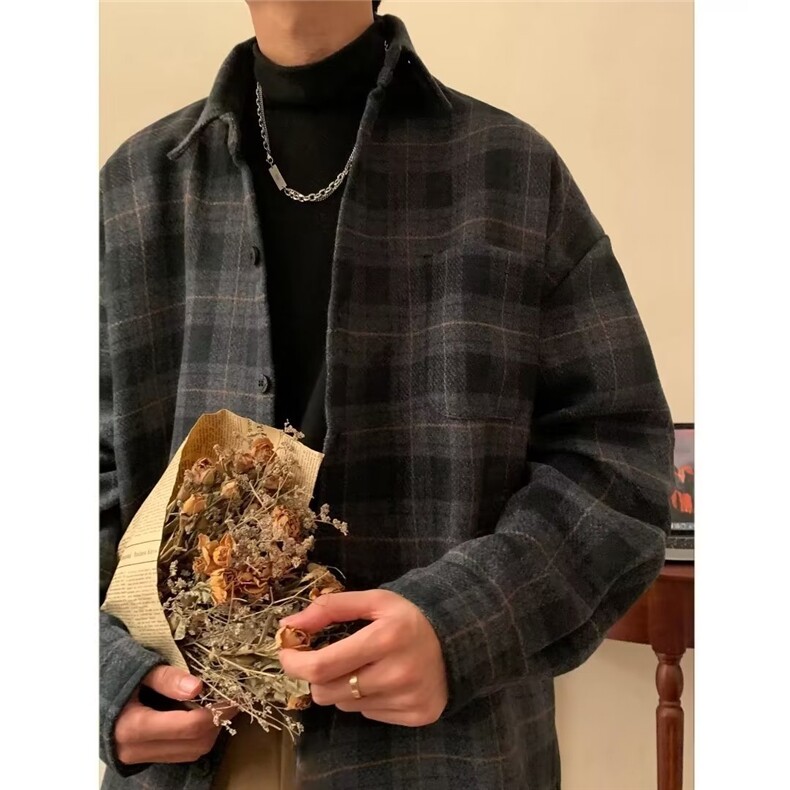 C267-P38格子衬衫男长袖港风高级感外套春秋痞帅日系上衣，男装衬衫，电商B323A