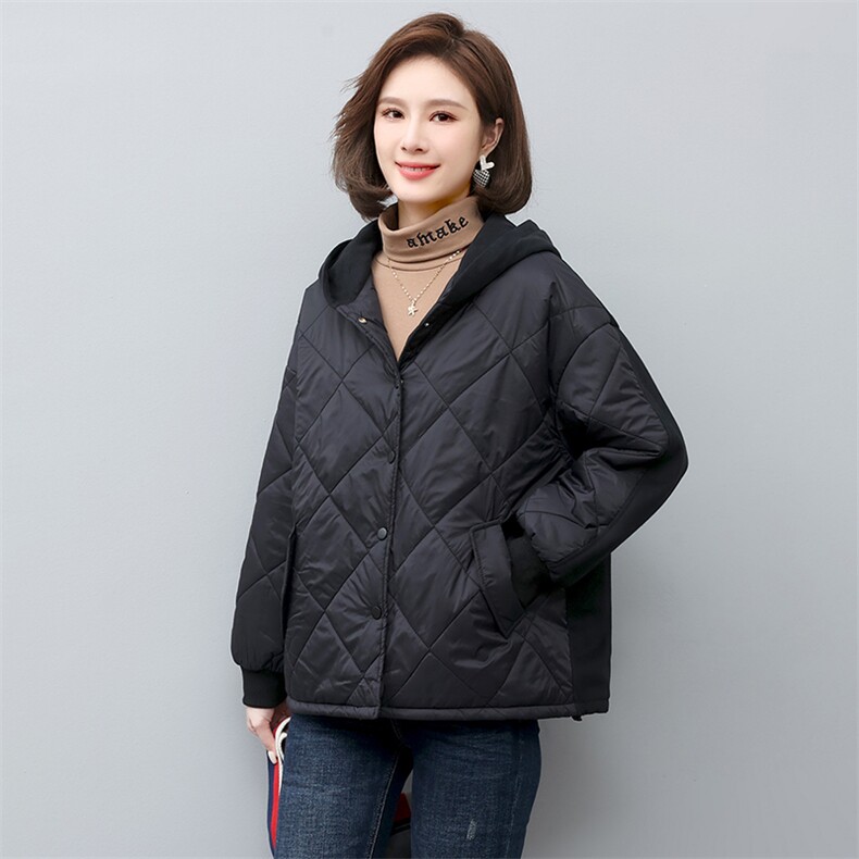 棉衣棉服女2022新款冬季短款连帽秋冬妈妈拼接薄款夹棉外套,女装棉衣/棉服,忆绮罗