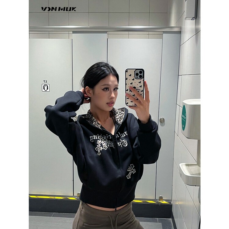 0123start豹纹拼接十字架连帽卫衣外套女美式复古哥特风潮牌开衫,女装短外套,星座218-8