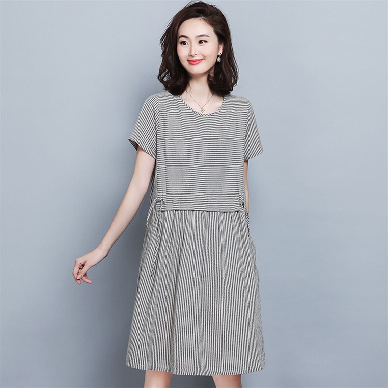 中长款复古条纹拼接短袖休闲连衣裙夏女宽松显瘦气质小裙子小个子,女装连衣裙,阿丹