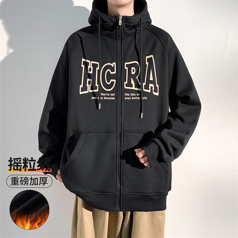 2023冬季新款港风加绒加厚撞色字母印花开衫连帽卫衣23136-P58,男装卫衣,星座914-3