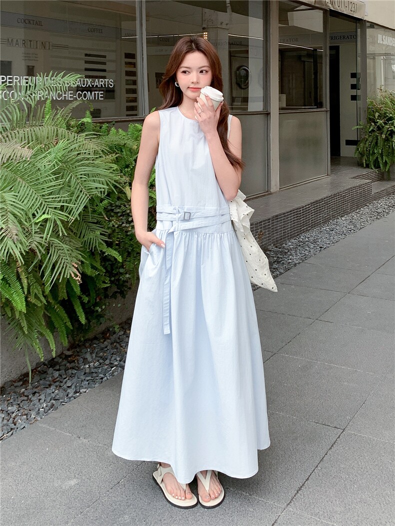 《现货26夏上新》清新蓝色宽松休闲遮肉遮胯无袖连衣裙女,女装连衣裙,苗苗