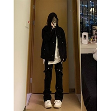 DN121-P48新款高街排扣工装裤男女春夏季直筒微喇裤-网图现货，男装牛仔裤，星座603-2