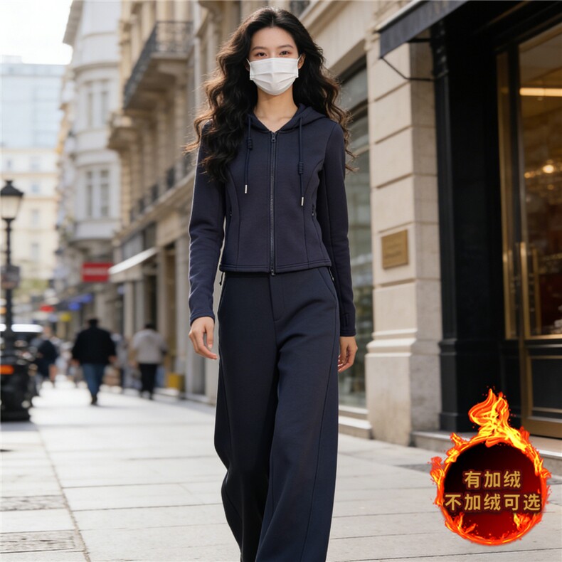 欧货时尚休闲运动套装秋冬新款女连帽拉链开衫卫衣直筒长裤两件套,女装套装/套裙,江南