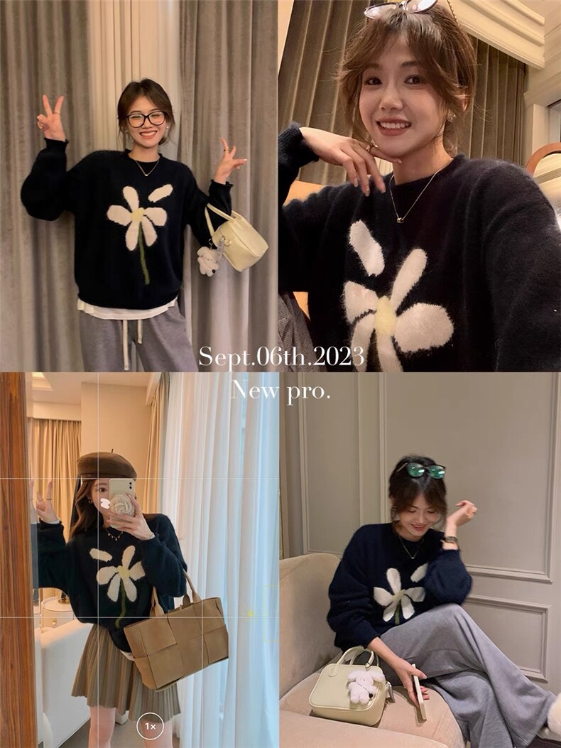 花朵针织衫套头毛衣女秋冬设计感小众宽松减龄针织上衣,女装羊毛衫,思途羊绒
