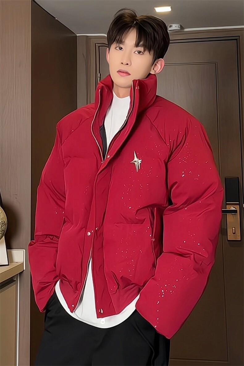 酒红色满天星羽绒棉服男冬季短款美式复古高街外套立领情侣面包服,男装棉衣,电商B381-1