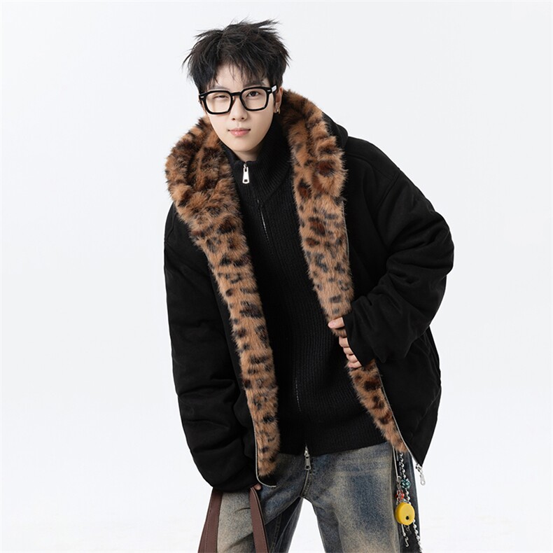 豹纹座山雕麂皮猫耳朵连帽棉服外套加厚棉衣2312P118,男装棉衣,星座506-1