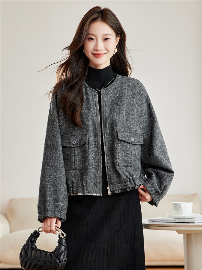 现货2025冬装新款时尚撞色假两件套女士上衣外套,女装毛呢外套,木子恋