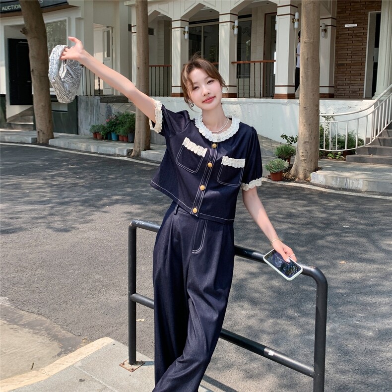 蓝色短袖牛仔套装女2025夏季新款今年流行穿搭一整套装长裤两件套,女装套装/套裙,2C129