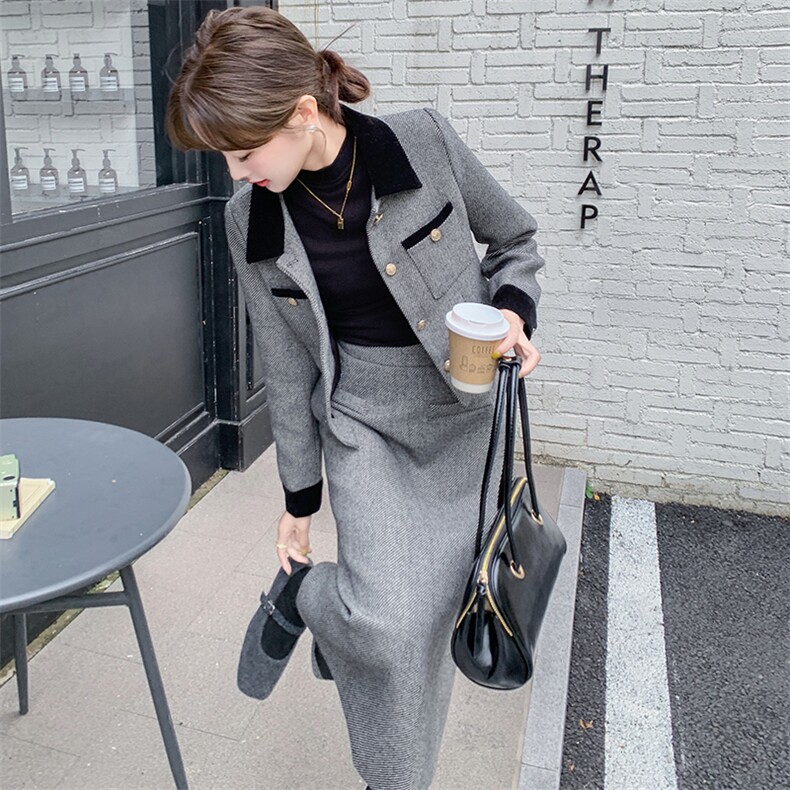 小香风套装裙女2024冬穿搭高级感毛呢名媛灰色长裙外套通勤两件套,女装套装/套裙,纯色衣恋