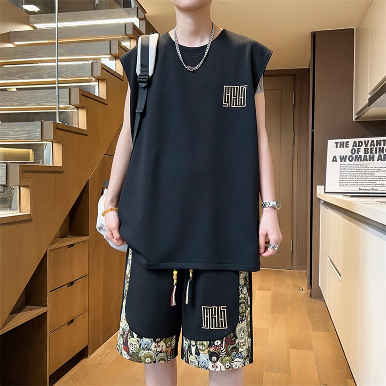 无袖T恤两件套短裤小熊夏季刺绣休闲运动套装男A266-TZ1108-P46图片