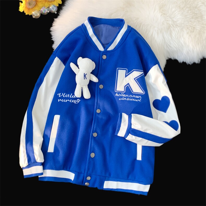 克莱因蓝棒球服男秋季字母拼接夹克外套美式小熊玩偶上衣JM45-P68,男装夹克,星座1008