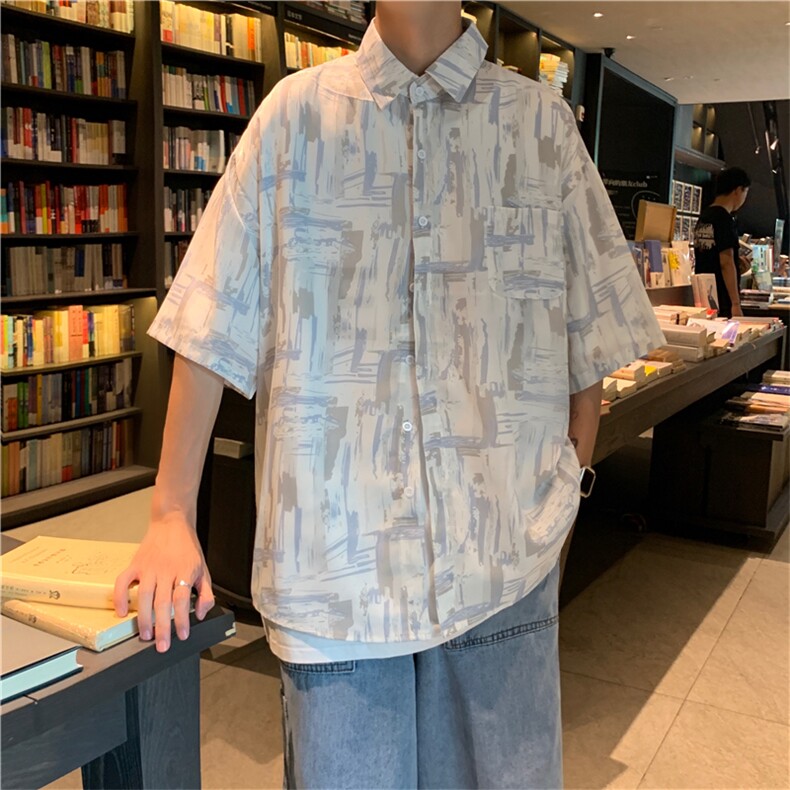 衬衫男夏季薄款日系潮流ins痞帅衬衣小众宽松冰丝短袖W1001-P28,男装衬衫,星座512-2