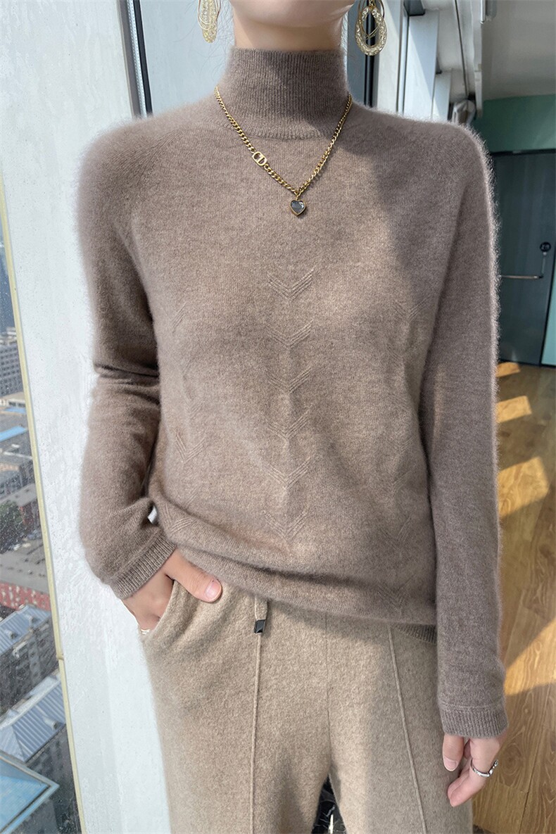 爱心纹半高领羊毛衫女2024秋冬装新款针织衫,女装羊毛衫,百越羊绒