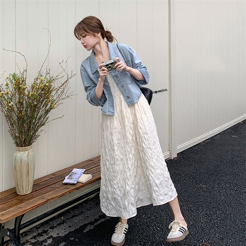 爱情魔鬼鱼套装女2025年夏季新款牛仔外套吊带长裙斜挎包三件套,女装套装/套裙,浙宝069