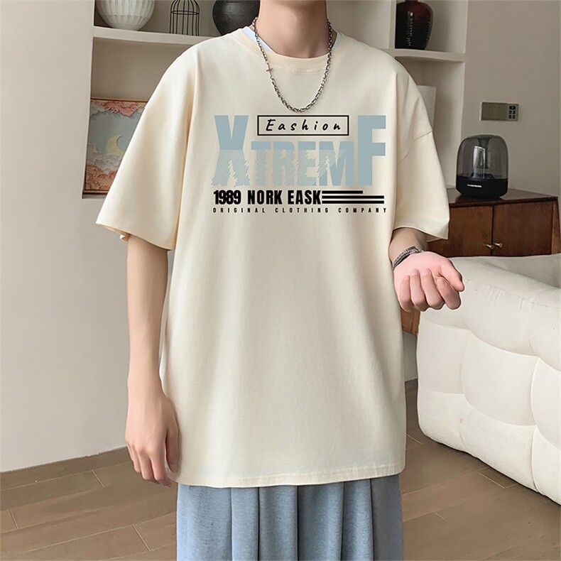 新款夏季男装纯棉短袖T恤落肩款印花 时尚休闲宽松上衣图片