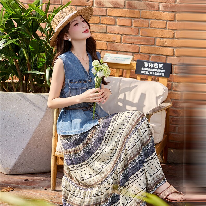 2026年夏季薄款牛仔马甲印花半裙套装女两件套,女装套装/套裙,奕薇雅