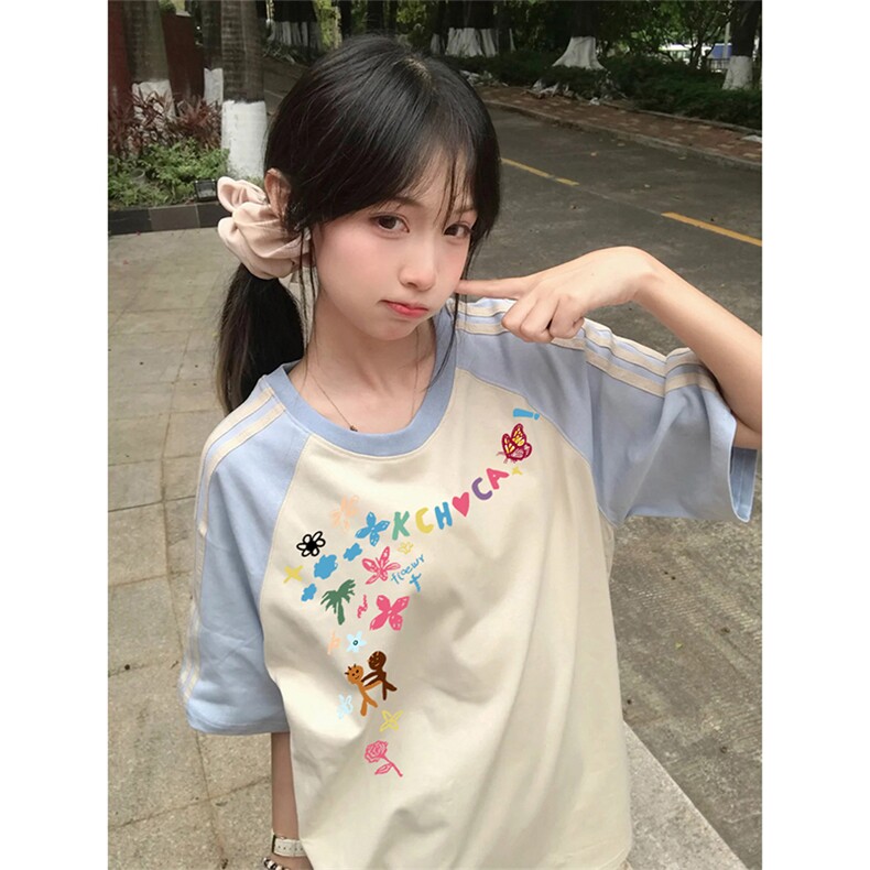 抖音得物品质二开240克宽松纯棉美式潮牌插肩三杠织带短袖T恤,男装T恤,电商A486