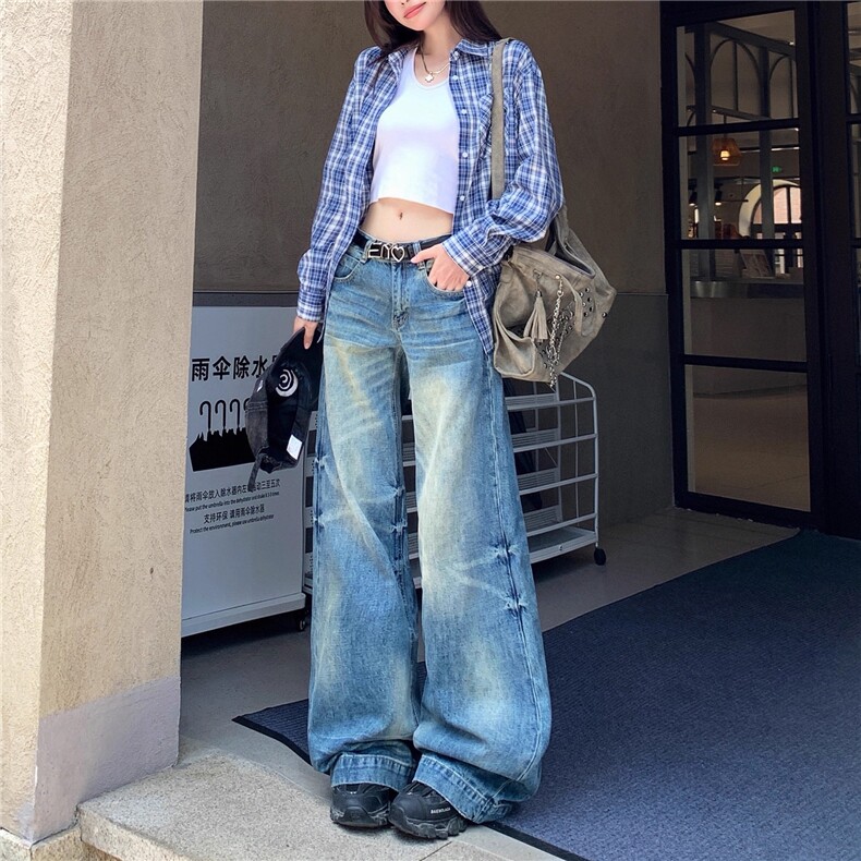 美式水洗蓝猫须直筒牛仔裤女秋季新款显瘦宽松百搭垂感拖地裤图片