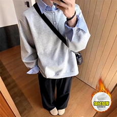 重磅加绒硬挺boxy男女美式高街假两件衬衫领长袖卫衣POLO领打底衫，男装T恤，电商A486-1