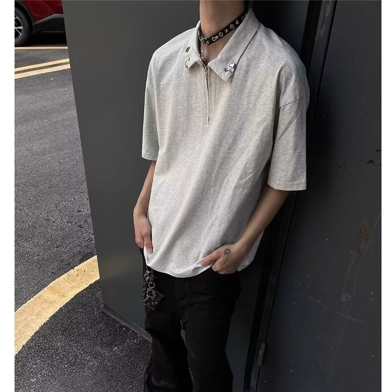 美式半拉链金属扣短袖T恤男女夏季潮牌休闲百搭上衣XXSK3,男装T恤,星座208-5