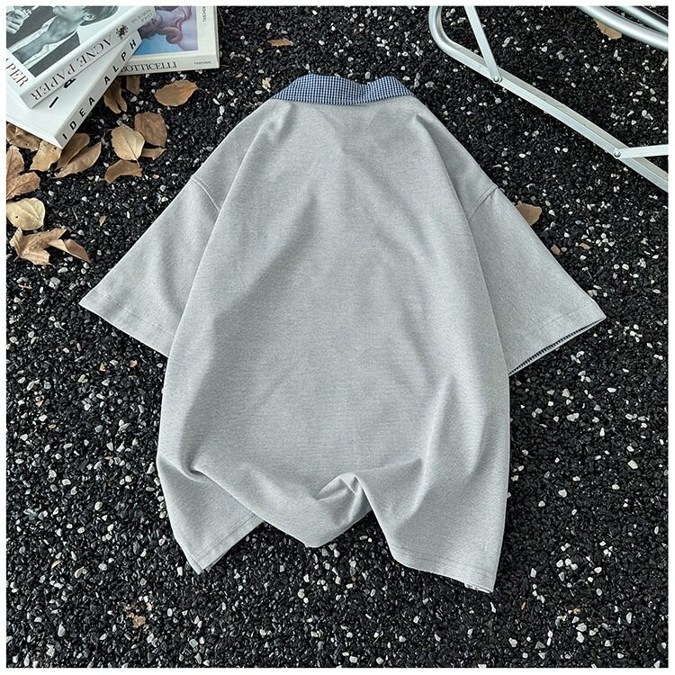 格子拼接翻领polo衫t恤男女夏设计感上衣宽松纯棉短袖-PL45,男装Polo衫,星座601-1
