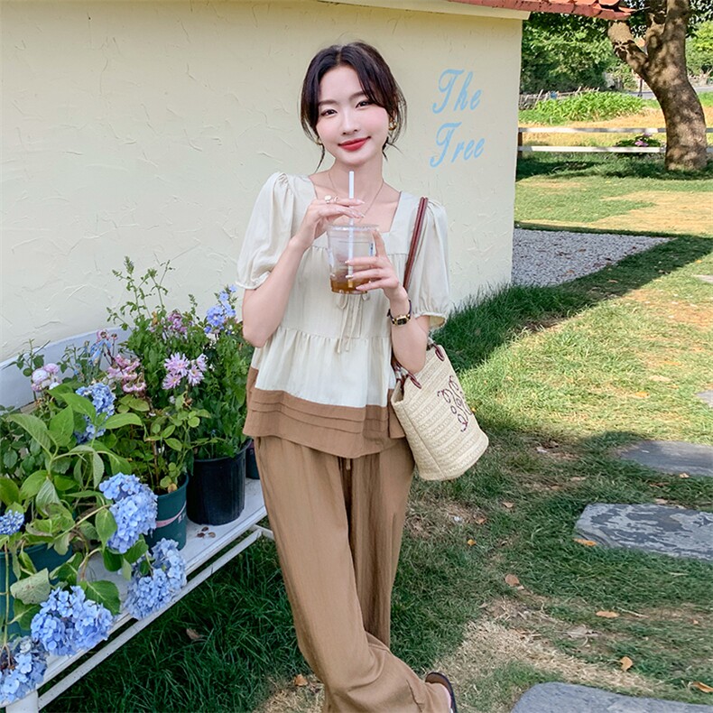 慵懒松弛感休闲套装女2025夏季穿搭一整套泡泡袖上衣阔腿裤两件套,女装套装/套裙,维壹