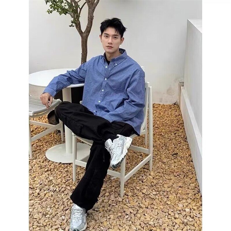轻熟风男装蓝色格子衬衫男士早春韩系穿搭长袖衬衣设计感宽松外套,男装衬衫,星座506A