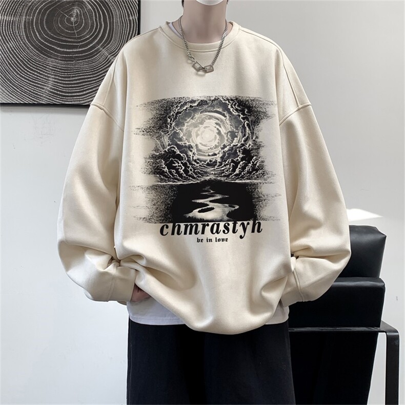 电商DSA028-LPWY2353100聚酯P35新款麂皮绒印花圆领卫衣男限48,男装卫衣,电商A028