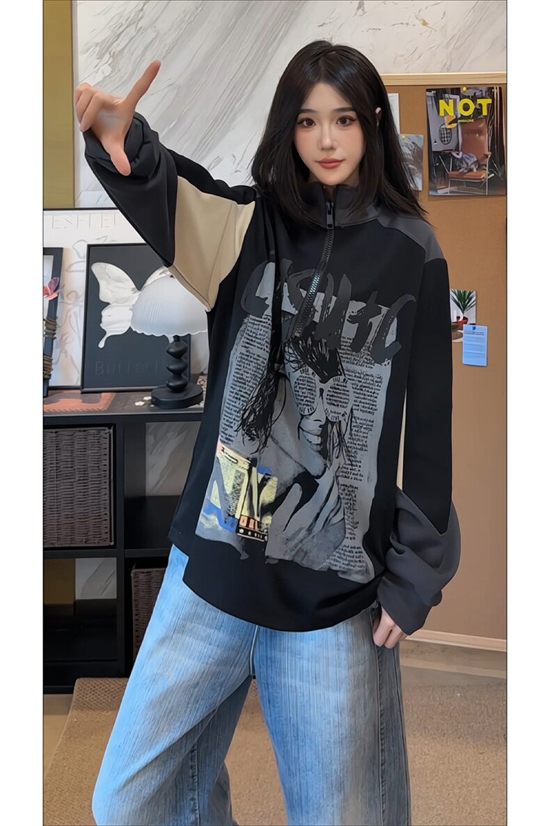 日系休闲潮搭时尚外套随性CityBoy拼色插肩袖卫衣HY484P55控78,男装卫衣,电商A102B