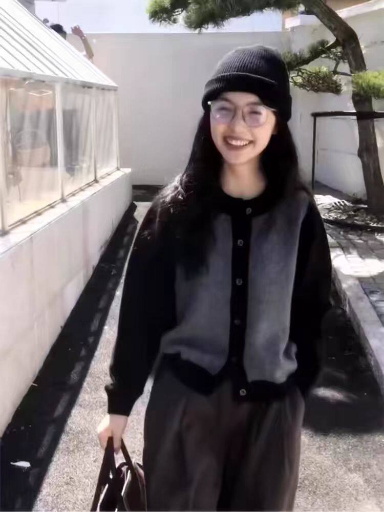 女士秋冬羊毛拼色开衫单排扣简约保暖，女装羊毛衫，冀清阳荣