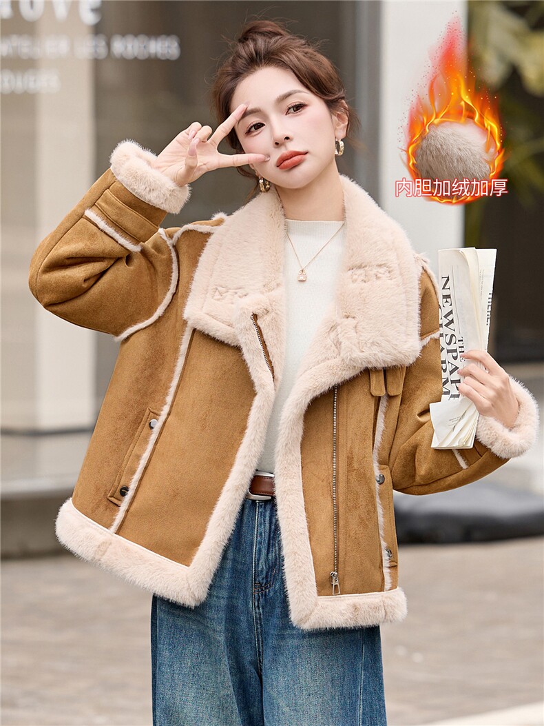 皮毛一体短外套女2025年秋冬新款韩版百搭时尚立领加厚毛绒机车服,女装羊羔毛/颗粒绒,拾衣