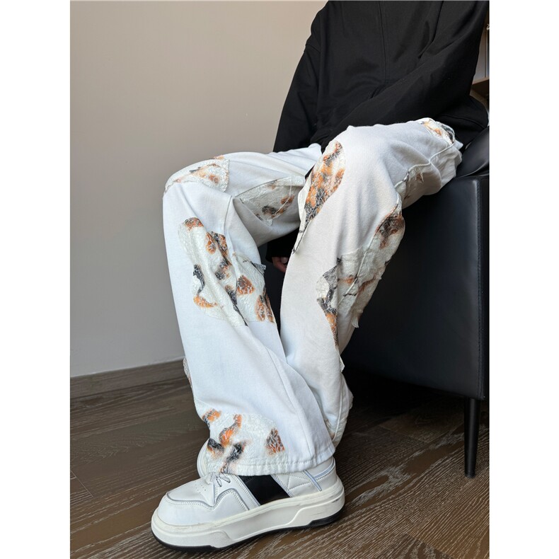 小众美式复古蕾丝刺绣拼接男女潮宽松牛仔裤XZ603-K807-P60控78,男装牛仔裤,星座603