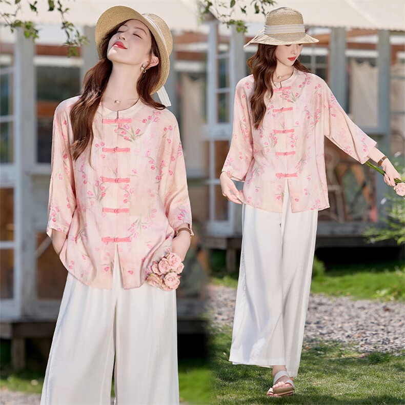 新中式天丝棉麻套装女2025夏季新款粉色印花盘扣衬衫阔腿裤两件套，女装套装/套裙，水衣源