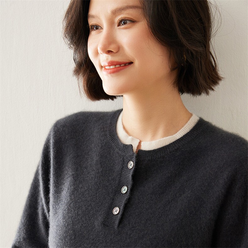 时尚拼接领口单排扣设计秋冬长袖35%羊绒衫,女装羊绒衫,七柒羊绒