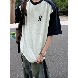 抖音得物高品质二开240克宽松纯棉美式潮牌插肩袖拼接短袖T恤图片