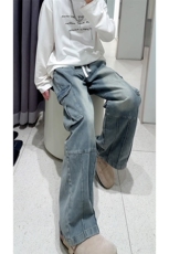 直筒美式工装牛仔裤男秋季新款痞帅大口袋拼接裤子-A1158TP55控88，男装牛仔裤，电商B241