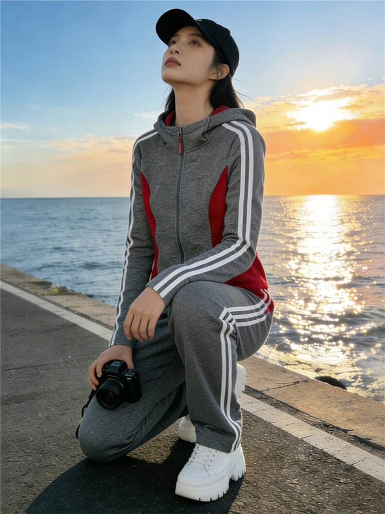 休闲运动套装女春季新款撞色拼接拉链开衫卫衣抽绳阔腿长裤两件套,女装套装/套裙,江南