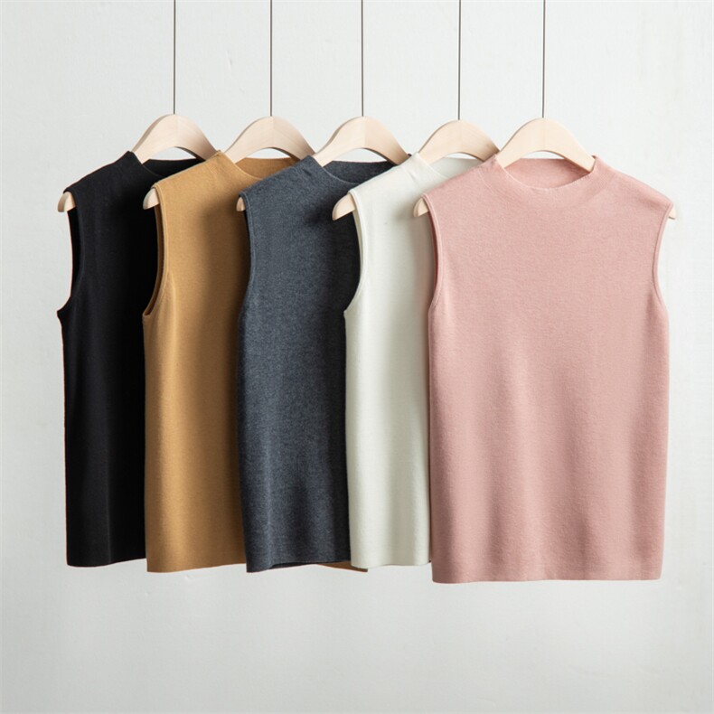 2025春季半高圆领套头精纺羊毛无袖小衫女针织打底背心简约内搭夏，女装背心吊带，丹芙娇羊绒