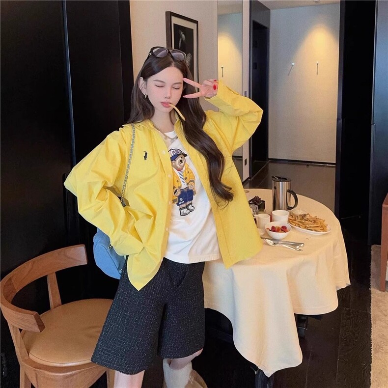 刺绣黄色长袖衬衫男女春夏季宽松百搭上衣防晒情侣外套衬衣C8253,男装防晒衣,星座1116A（原606A-3）