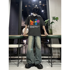 已做版权拼贴画设计感宽松落肩艺术风短袖纯棉高级感t恤T90-P28，男装T恤，星座205-5