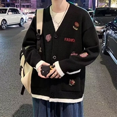 日系复古刺绣V领毛衣开衫外套男款秋冬季情侣针织衫外穿M317/P45，男装针织衫/毛衣，星座506