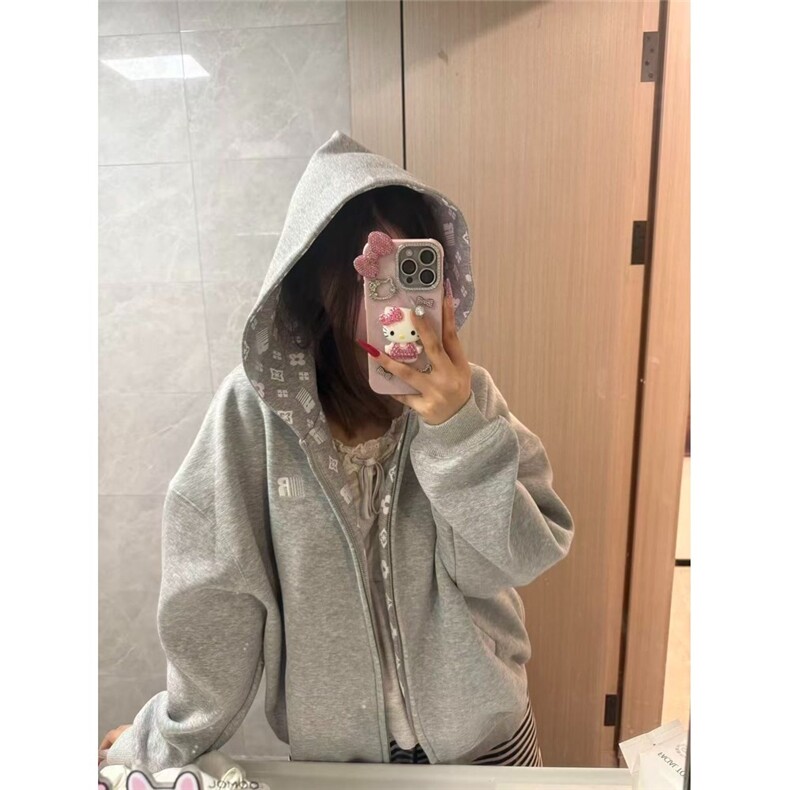 美式高街水洗做旧卫衣女春季2025新款春秋款宽松连帽开衫拉链外套,女装短外套,星座1210-1