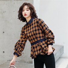 现货-2025春装新款修身显瘦百搭格纹花苞袖格子衬衫撞色拼接小衫图片