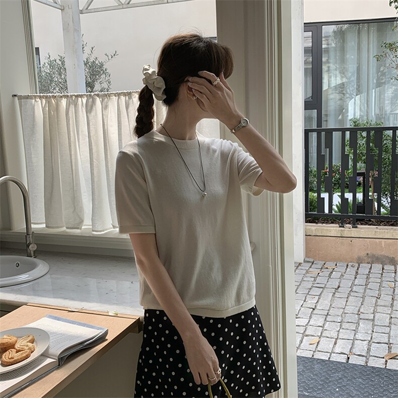100%纯棉圆领短袖女宽松韩版简约内搭上衣薄款时尚通勤叠穿体恤衫,针织衫/毛衣,洁纯羊绒