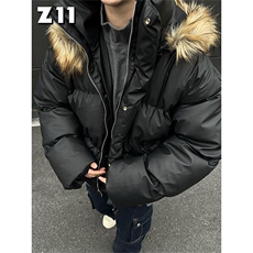 现货三防重磅硬挺boxy短款羽绒棉衣座山雕大毛毛领PU皮棉服外套冬，男装棉衣，电商A486-1