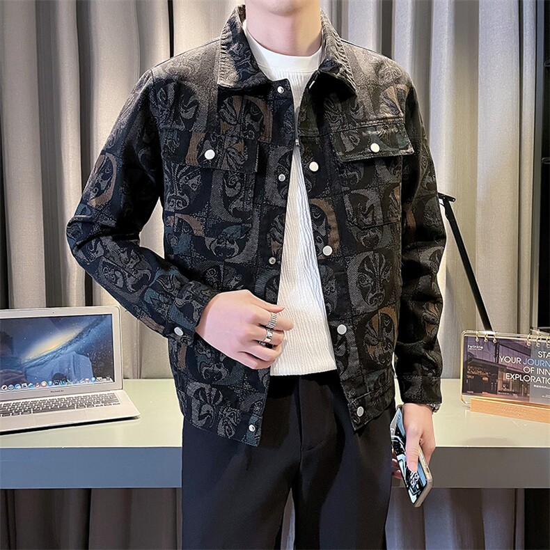 2025秋季新款水洗男士牛仔夹克个性提花印花图案外套,男装工装外套,电商A225