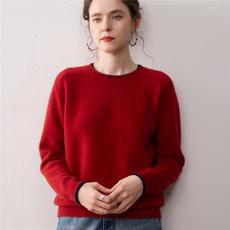 秋冬新款100%羊绒衫女圆领拼色套头毛衣宽松慵懒风针织打底上衣，女装针织衫/毛衣，暖绒情旗舰店