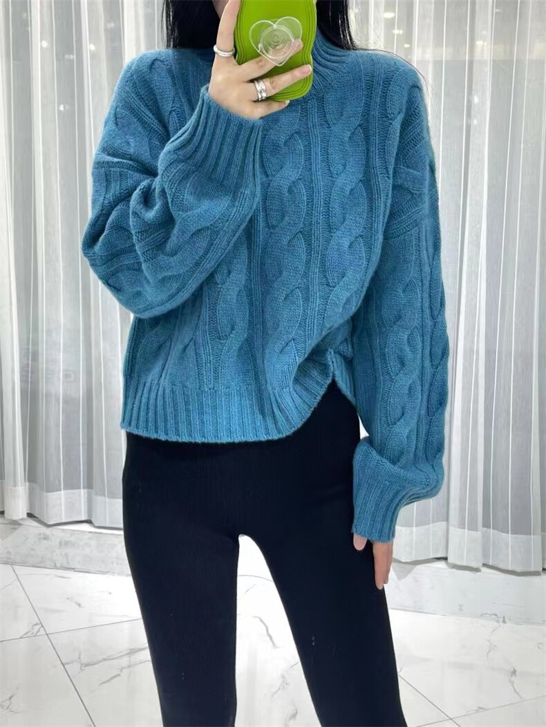 秋冬季新款宽松舒适简约女爱马橙高翻麻花套头针织衫,女装羊毛衫,恒恩羊绒