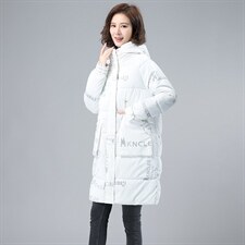 亮面棉袄外套印花棉服女中长款2021年冬装新款中年妈妈装加厚棉衣，女装棉衣/棉服，伊满意